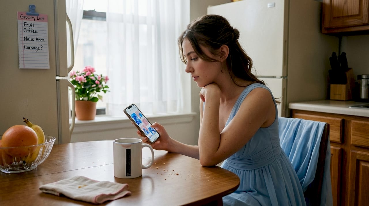 Woman in chiffon dress browses kitchen table