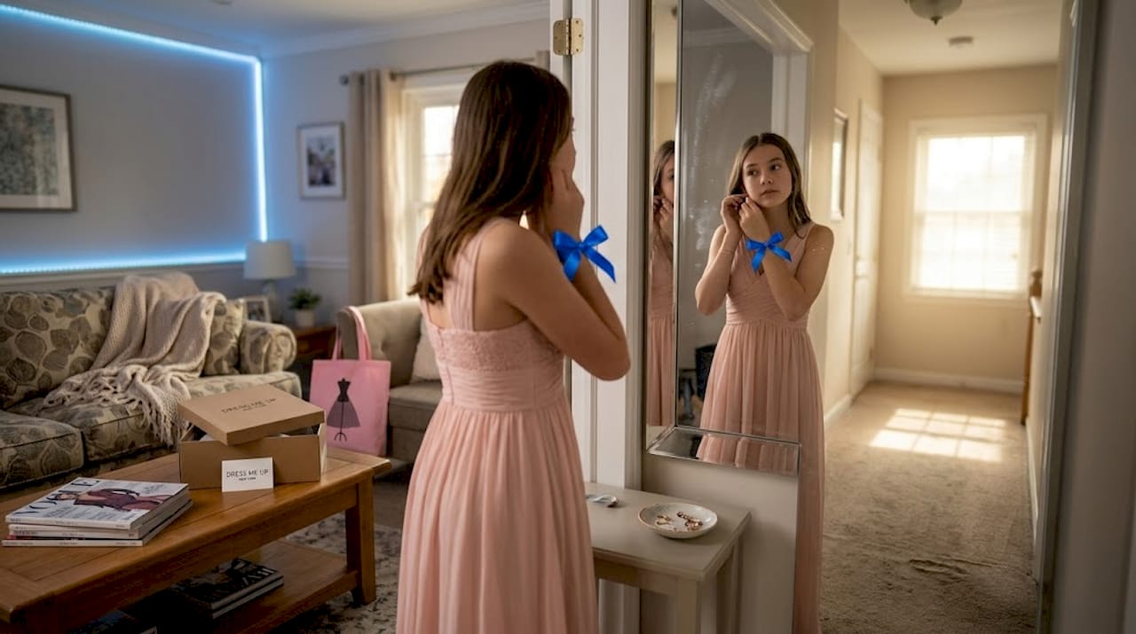 Teen girl adjusts earrings in light prom dress