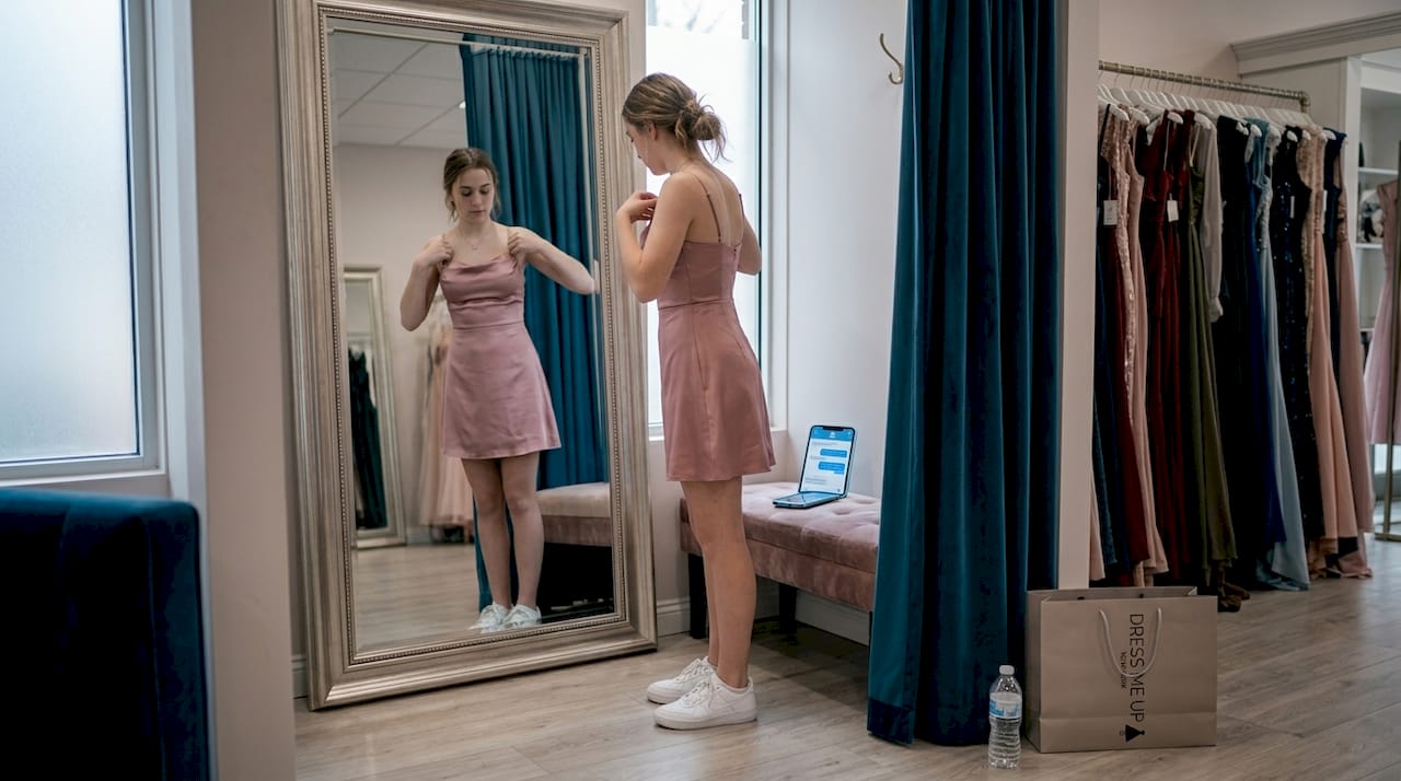 Teen adjusting boutique homecoming dress in fitting room