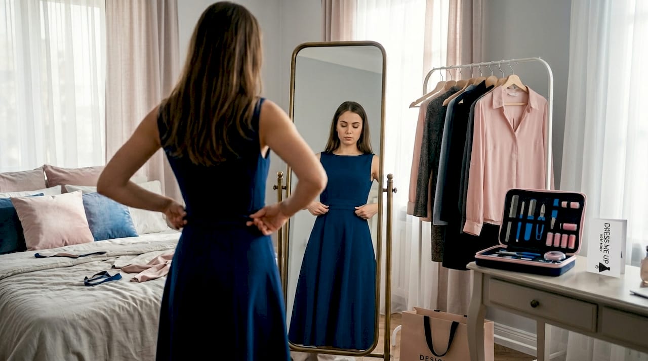 Woman tailoring formal dress in cozy bedroom