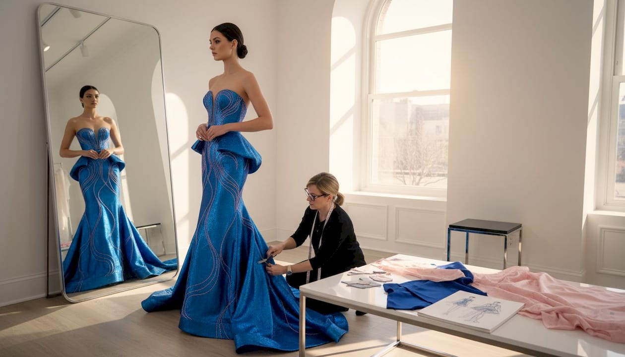 Model in couture pageant gown fitting