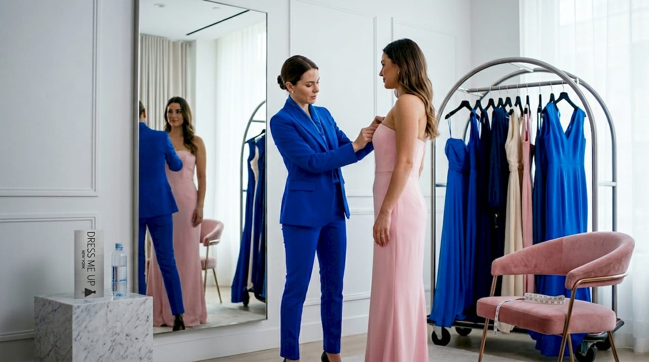 Stylist and client adjusting strapless gown