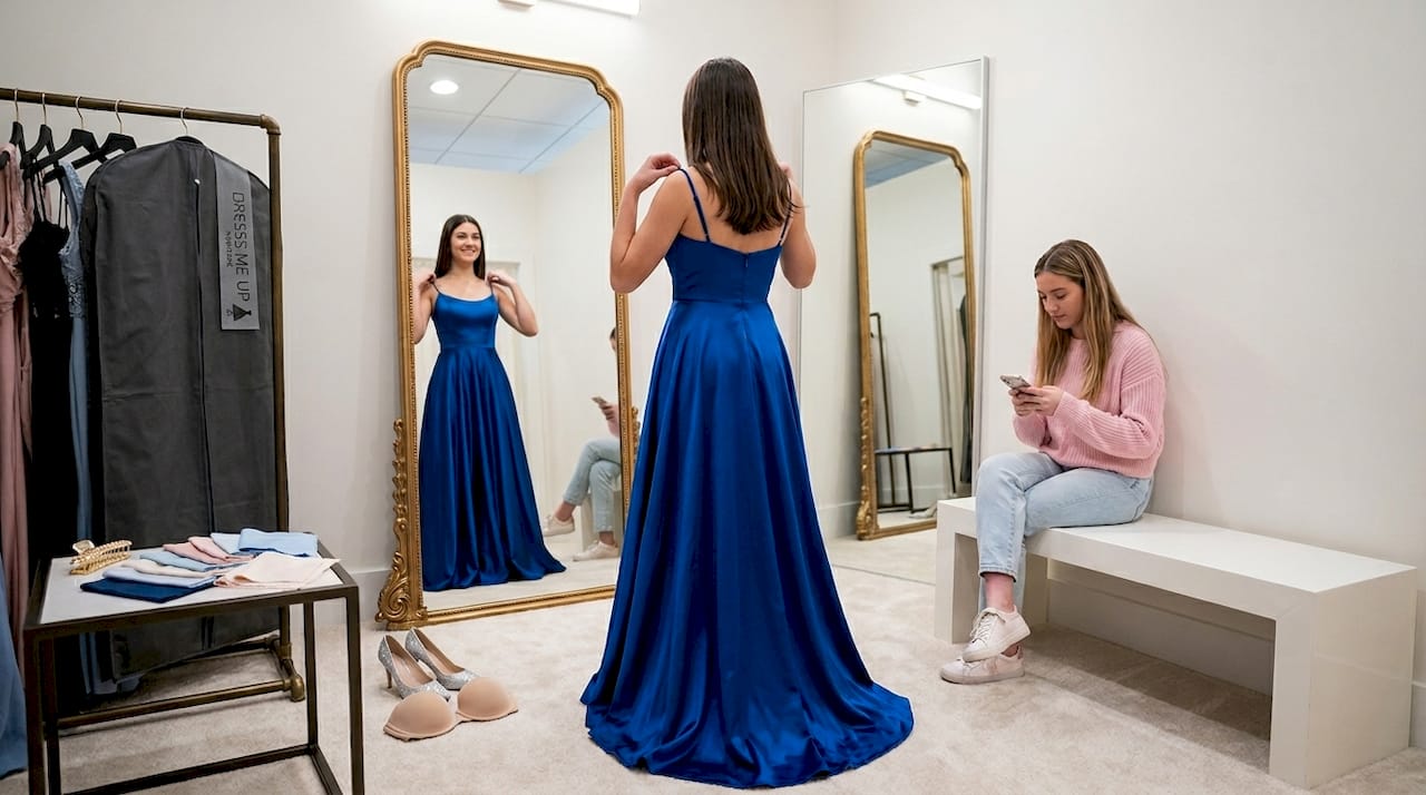 Student trying on dress at prom fitting
