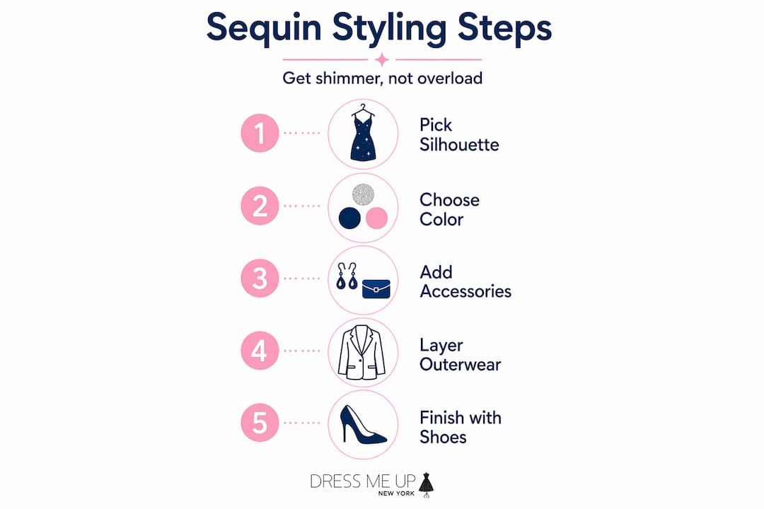 Infographic with five steps for styling sequin dresses