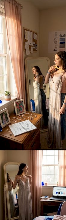 Teen comparing prom dress in bedroom