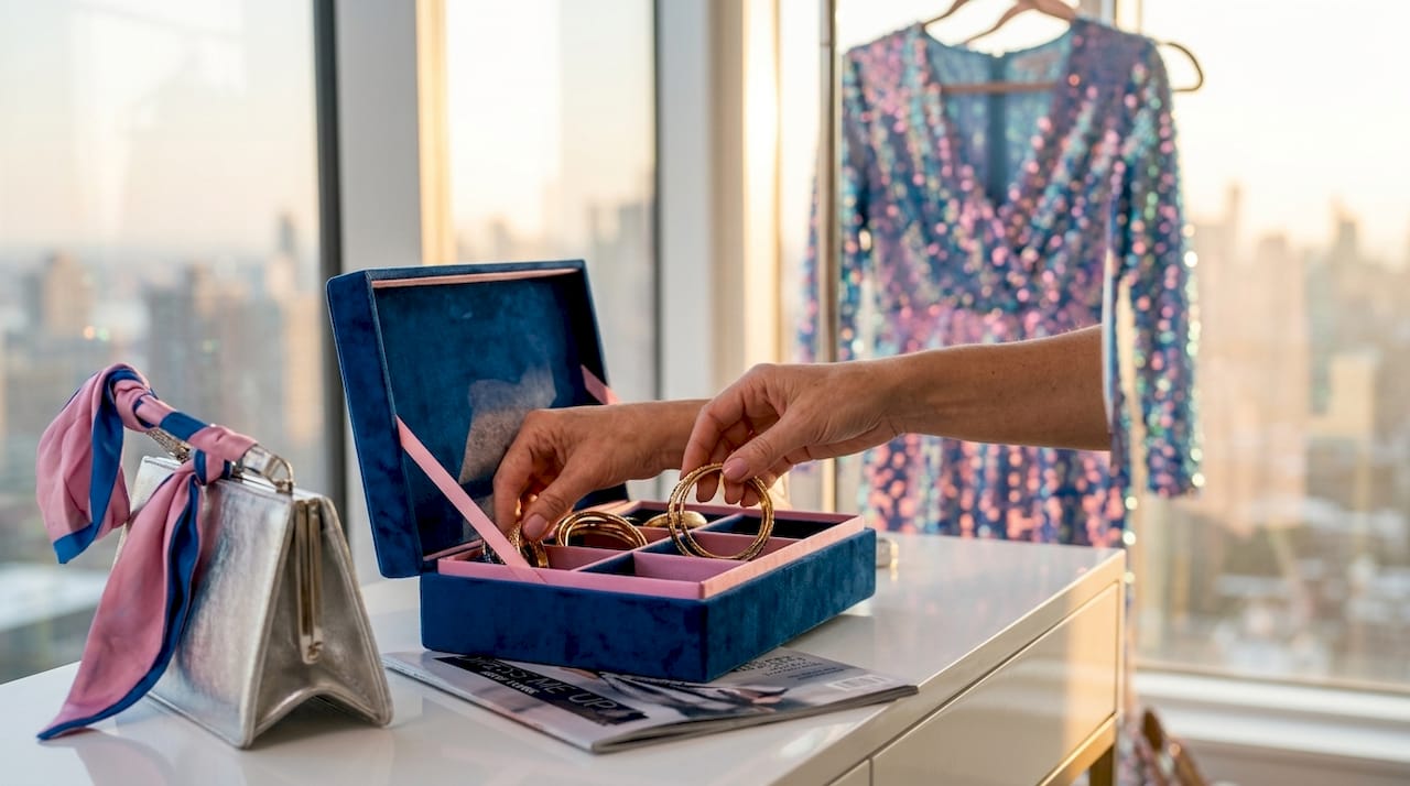 Hands selecting hoop earrings with disco outfit
