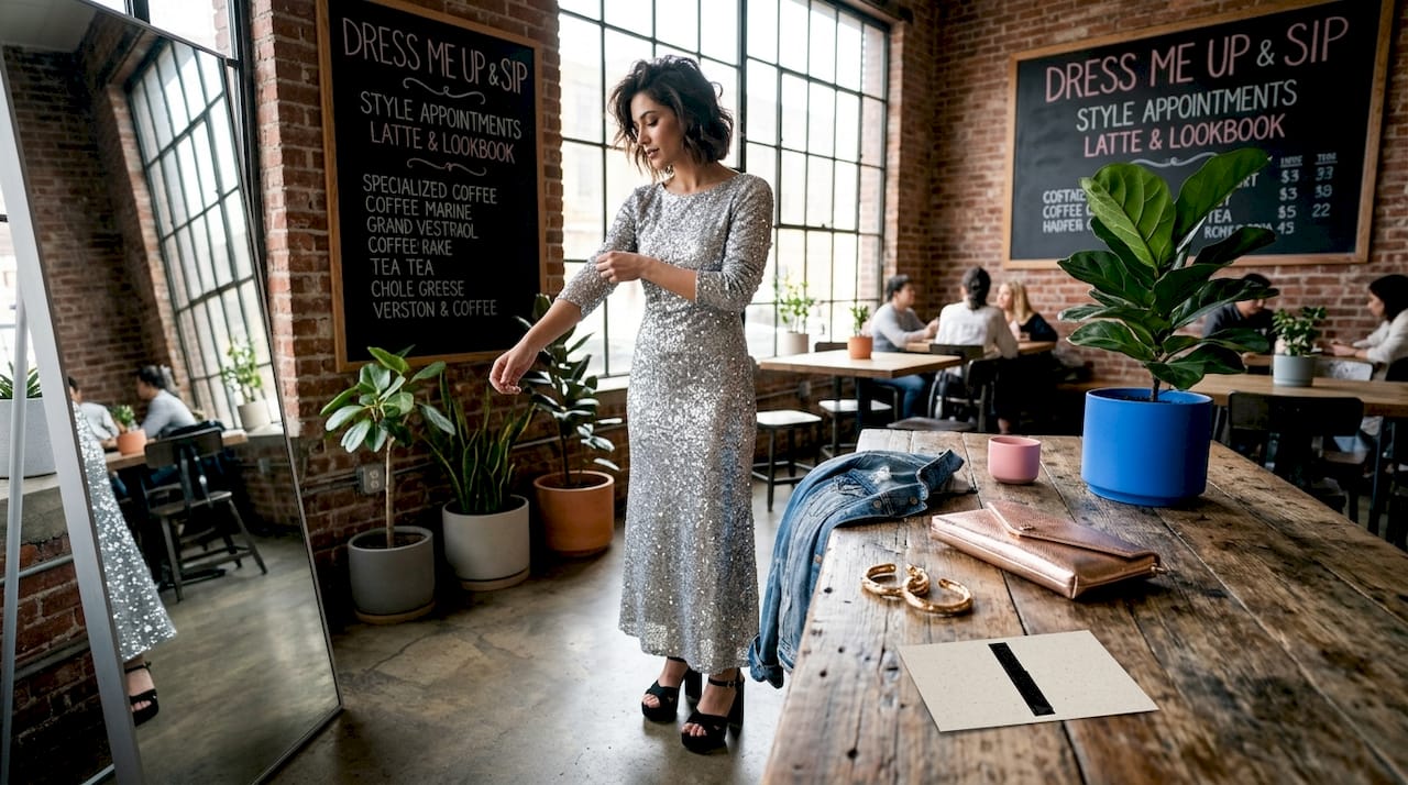 Woman adjusting sequined dress for dance