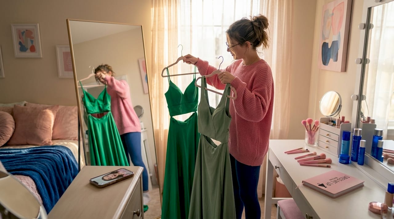Teen choosing between green prom dresses