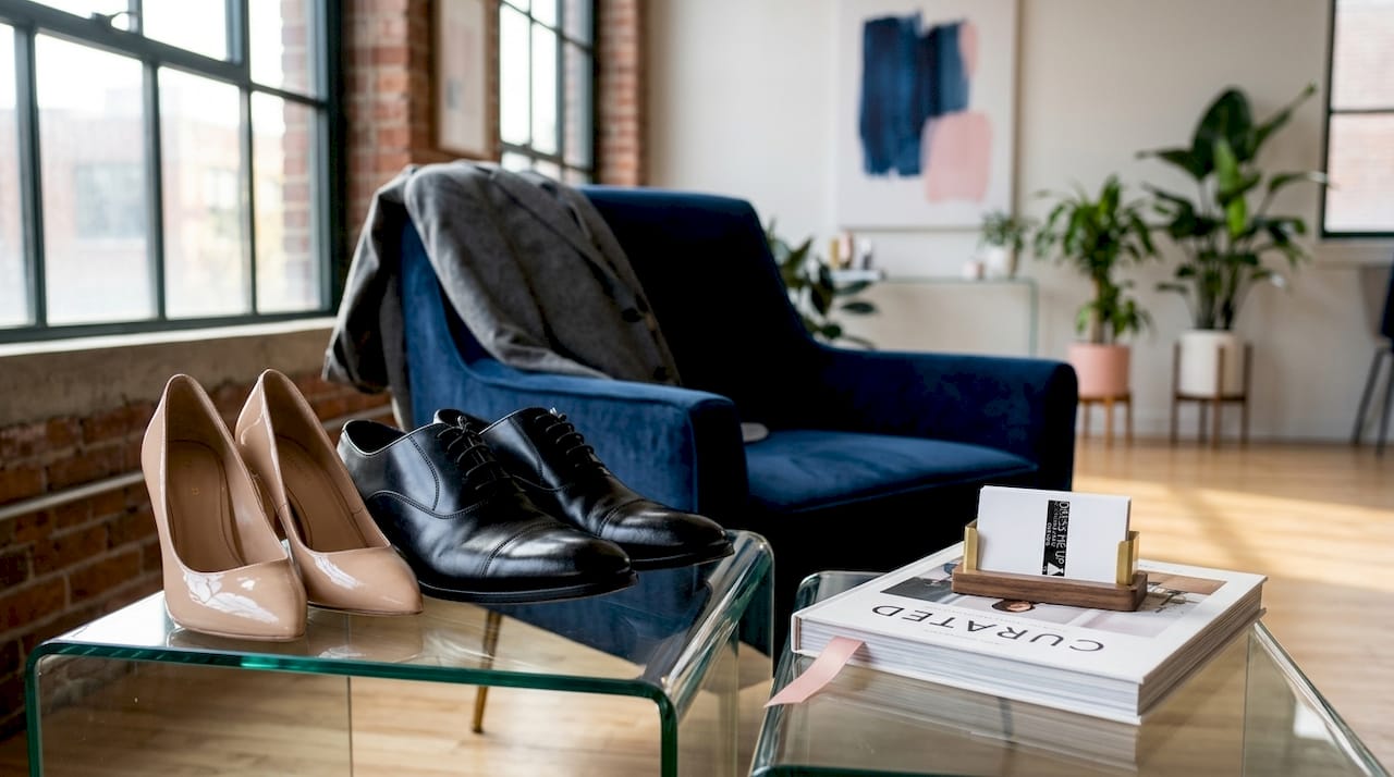 Black Oxfords and nude pumps on table in sunlit living room