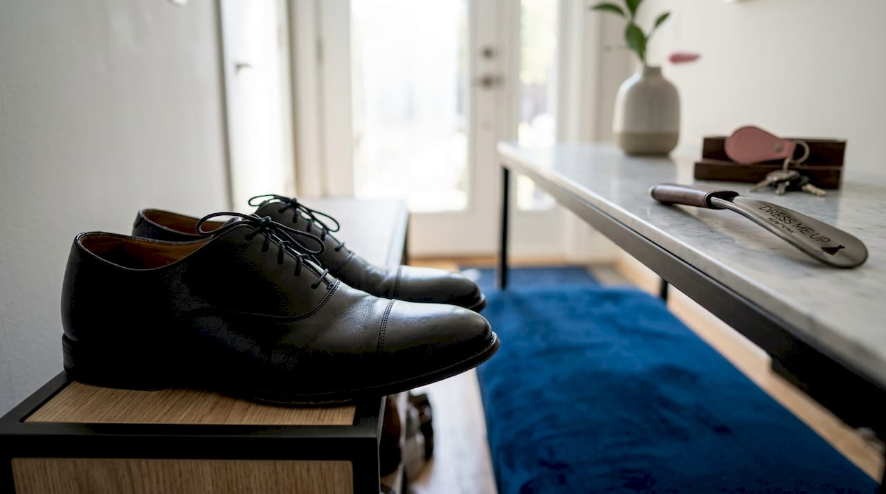 Close-up of black Oxfords on entryway bench
