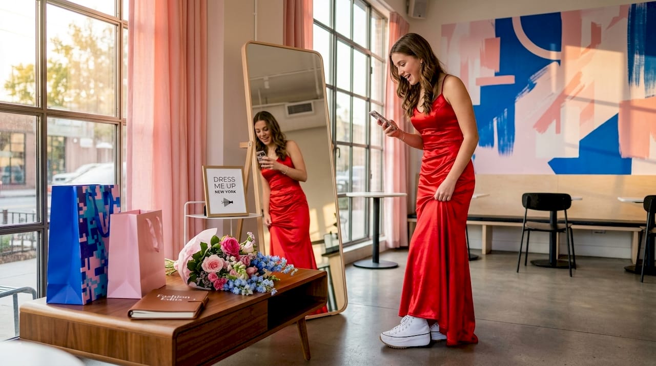 Teen girl tries on red prom dress at home