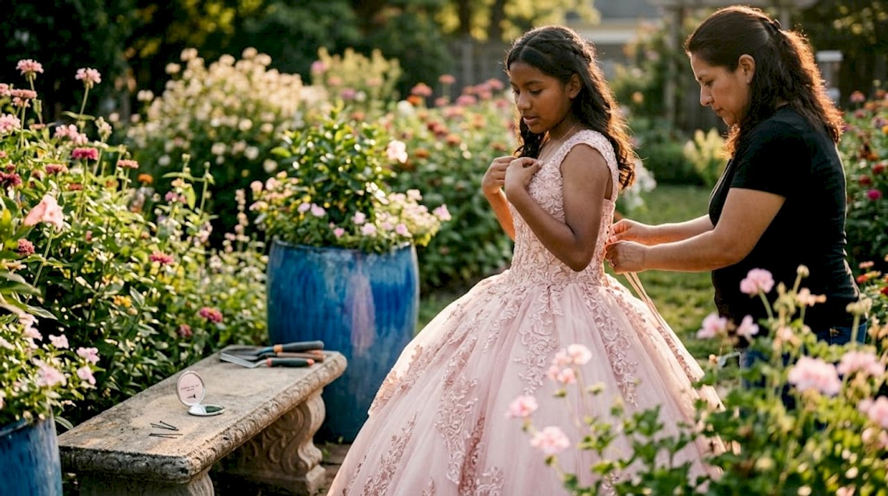 Girl adjusting quinceanera dress during fitting