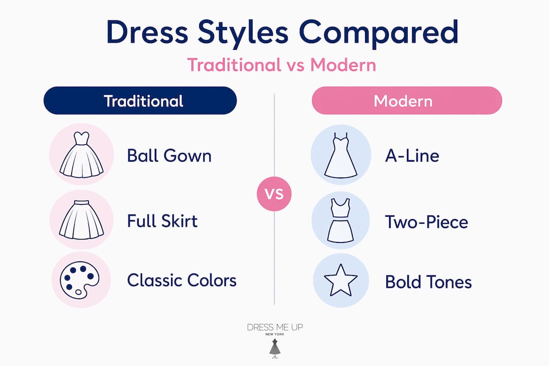 Infographic comparing traditional and modern quinceanera dresses
