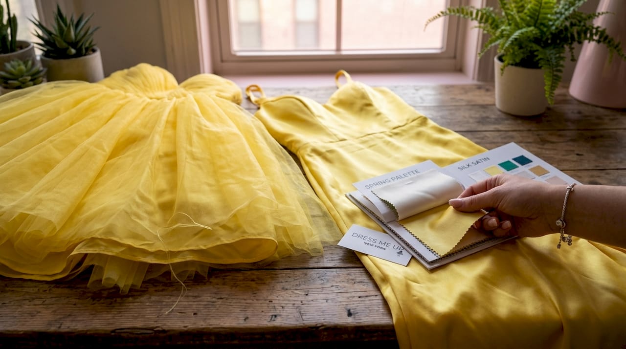 Fabric comparison for yellow Sweet 16 dresses