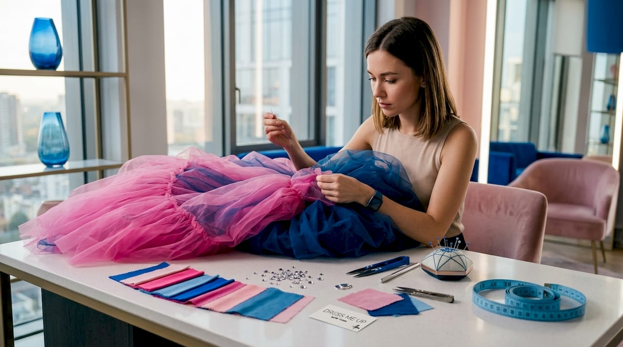 Seamstress adjusting tulle prom dress layers