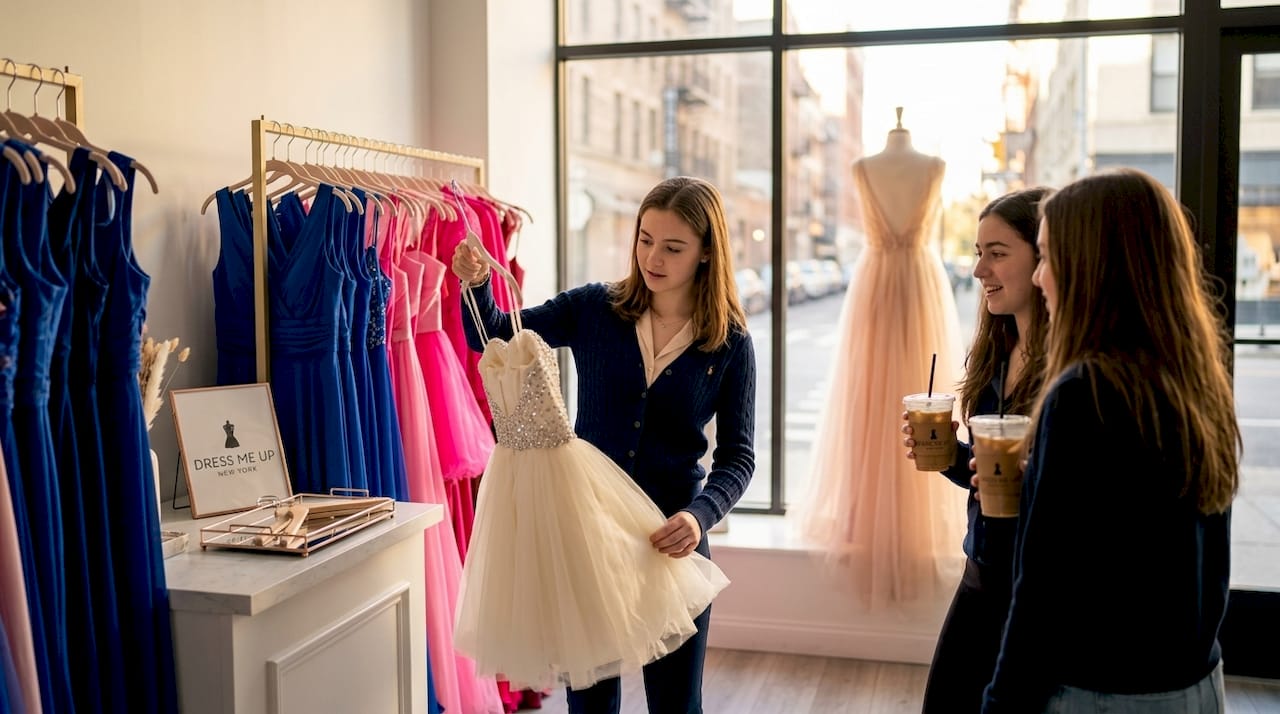 Students browsing short puffy prom dresses