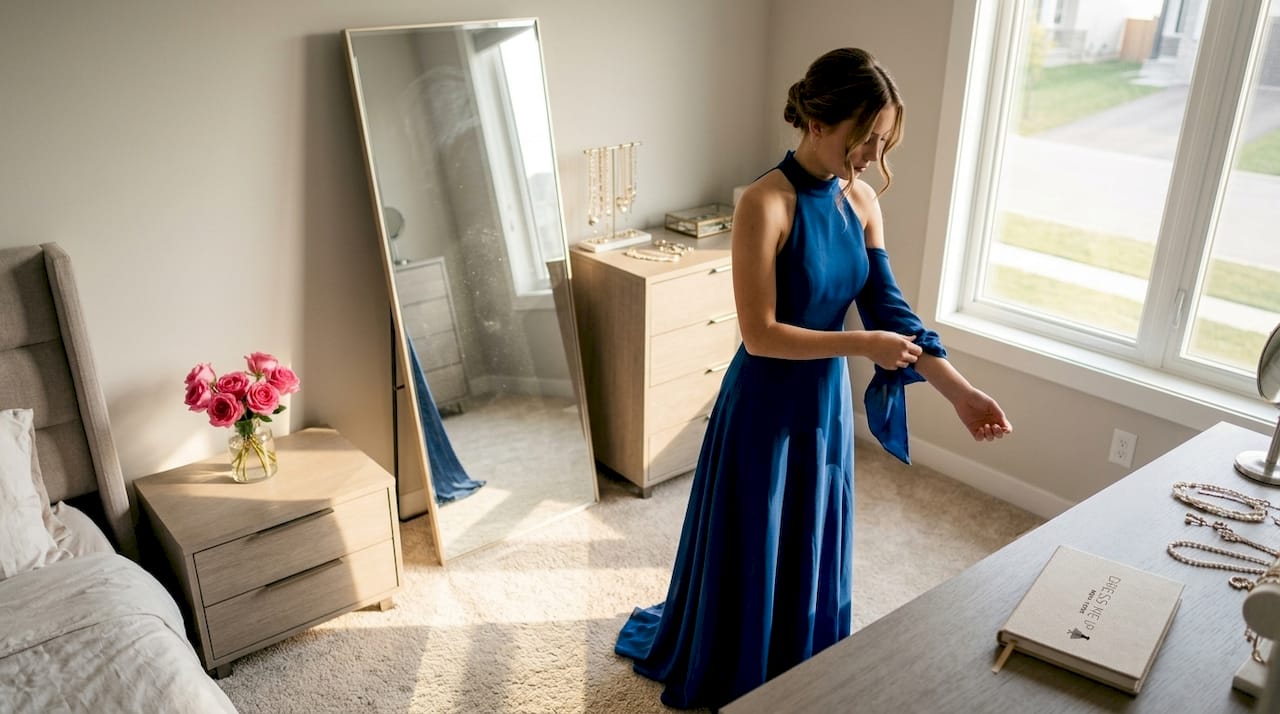 Teen girl adjusting high neckline prom dress