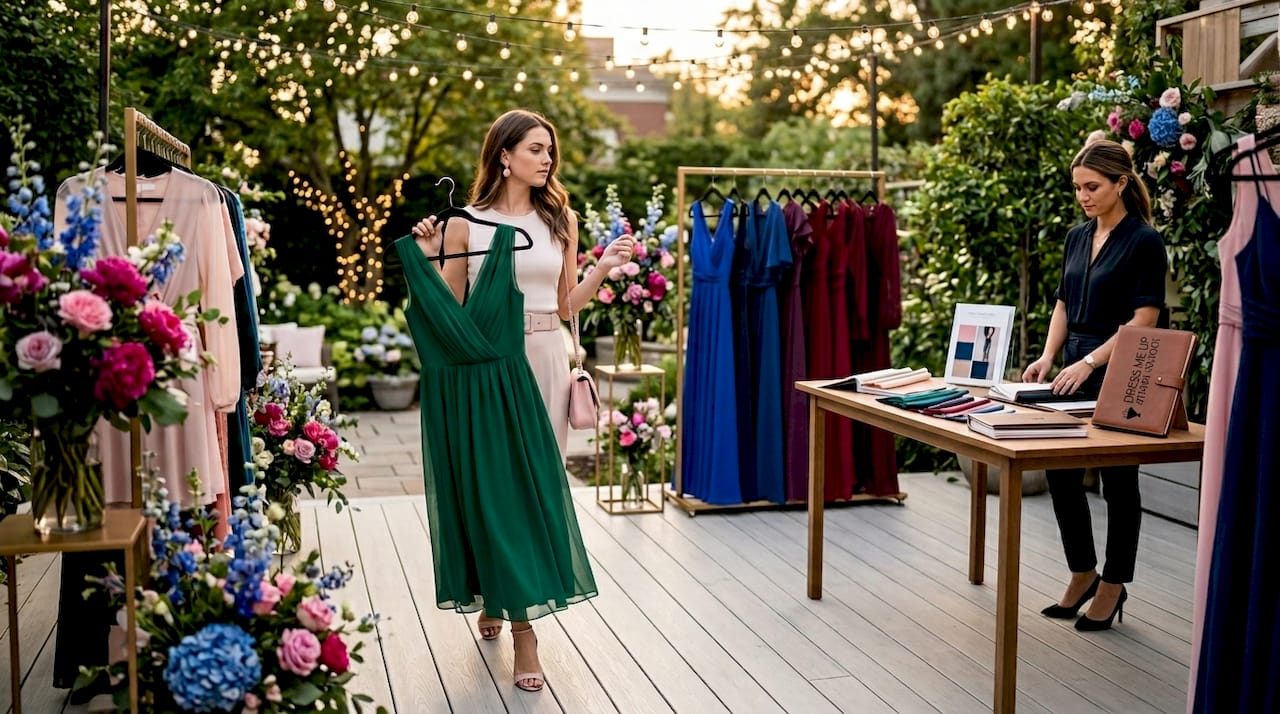 Young woman shopping semi-formal dresses in boutique
