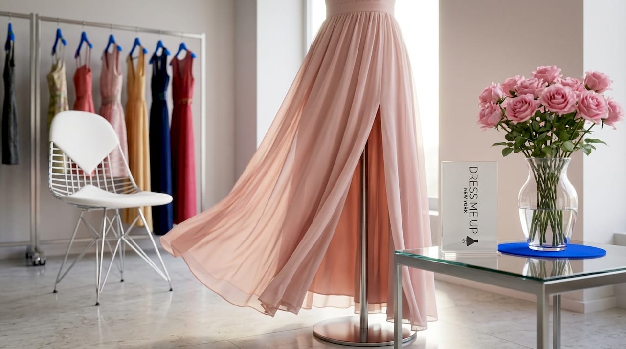 Close-up of chiffon gown with deep slit on mannequin