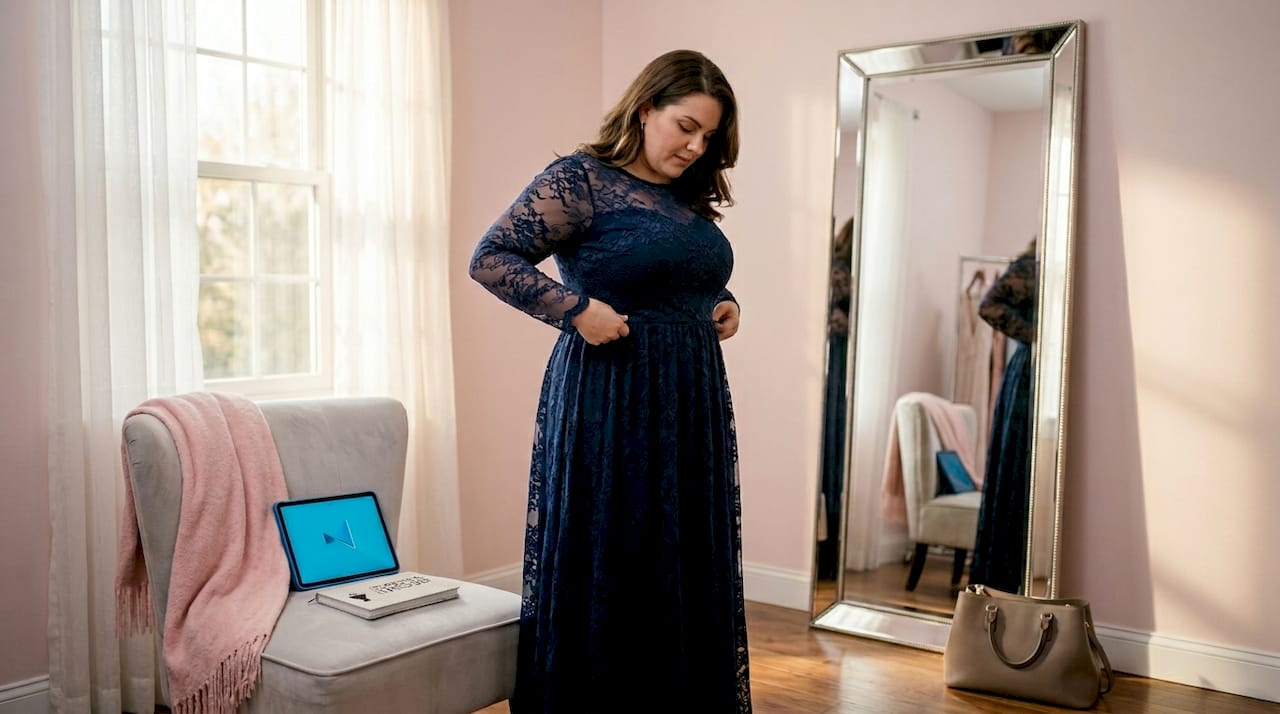 Plus size model in homecoming dress with sleeves