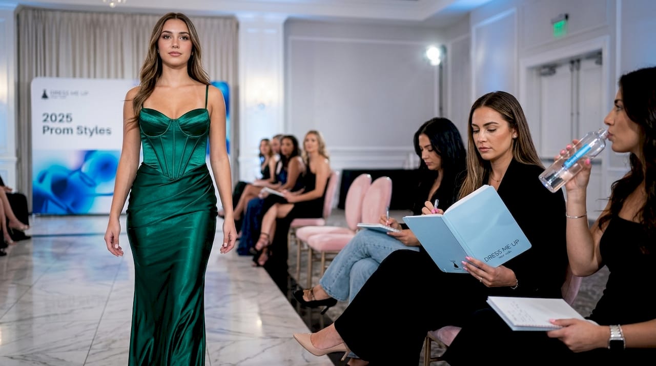 Model walking runway in emerald corset gown