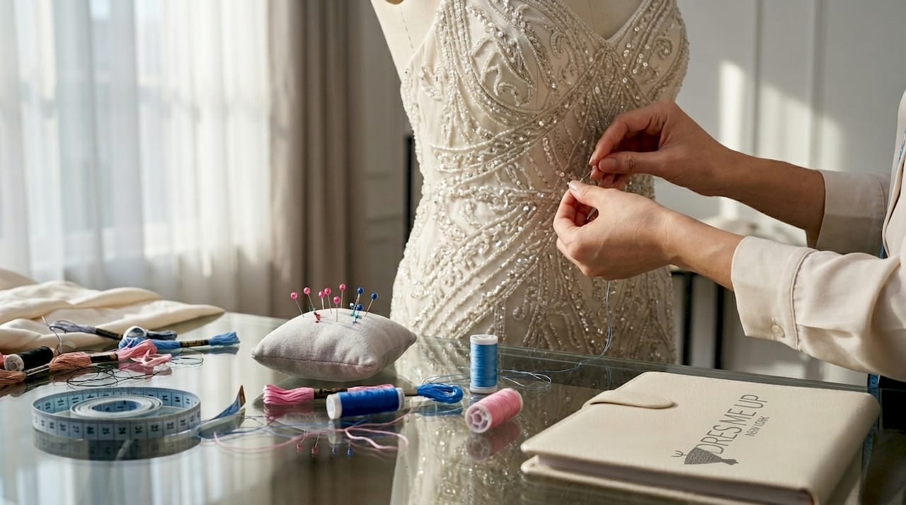 Seamstress hand-sewing detailed embroidery gown