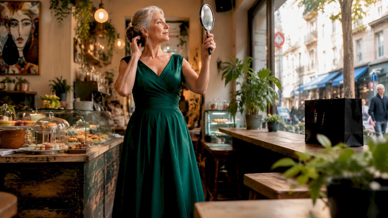 Older woman trying on elegant formal gown
