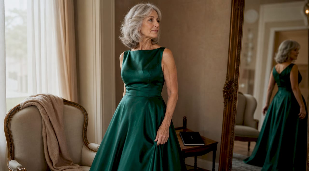 Side view mature woman in empire waist gown