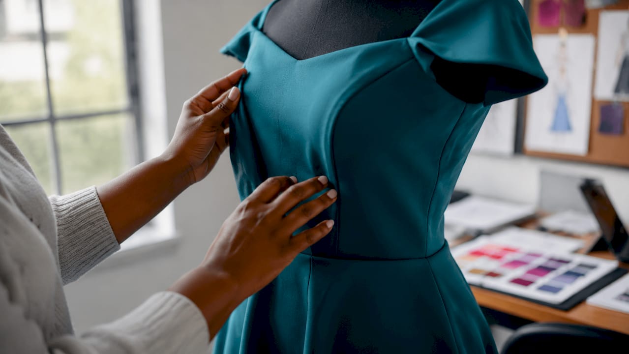 Close-up of plus size dress fabric texture and tailoring