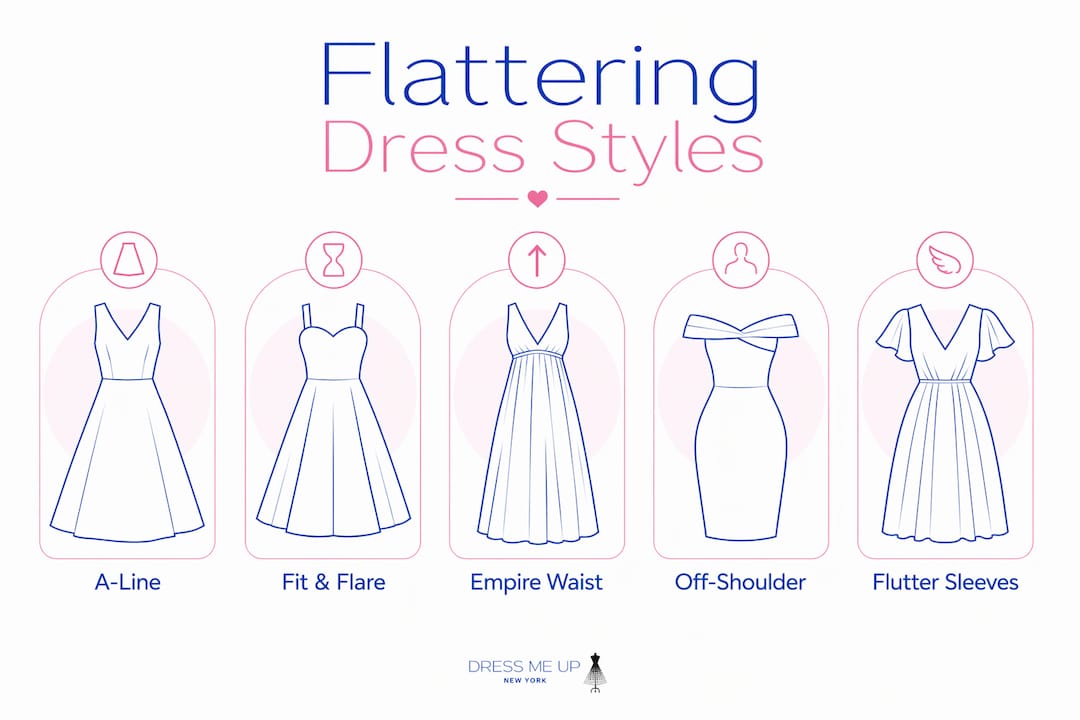 Infographic listing flattering dress styles for plus size figures