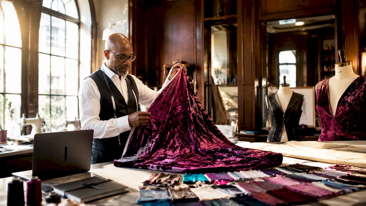 Tailor examining fabric details of plus size gown