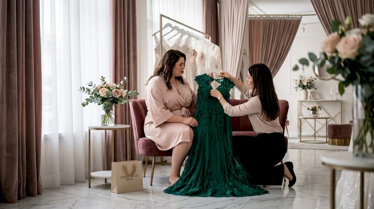 Plus size woman fitting formal dress in boutique