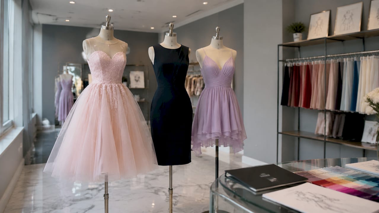 Mannequins displaying various chic dress silhouettes