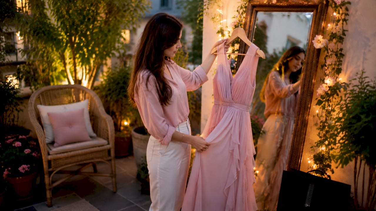 Woman examining a chic chiffon gown in boutique