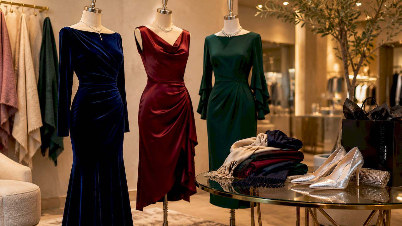 Mannequins displaying semi formal winter dresses styles