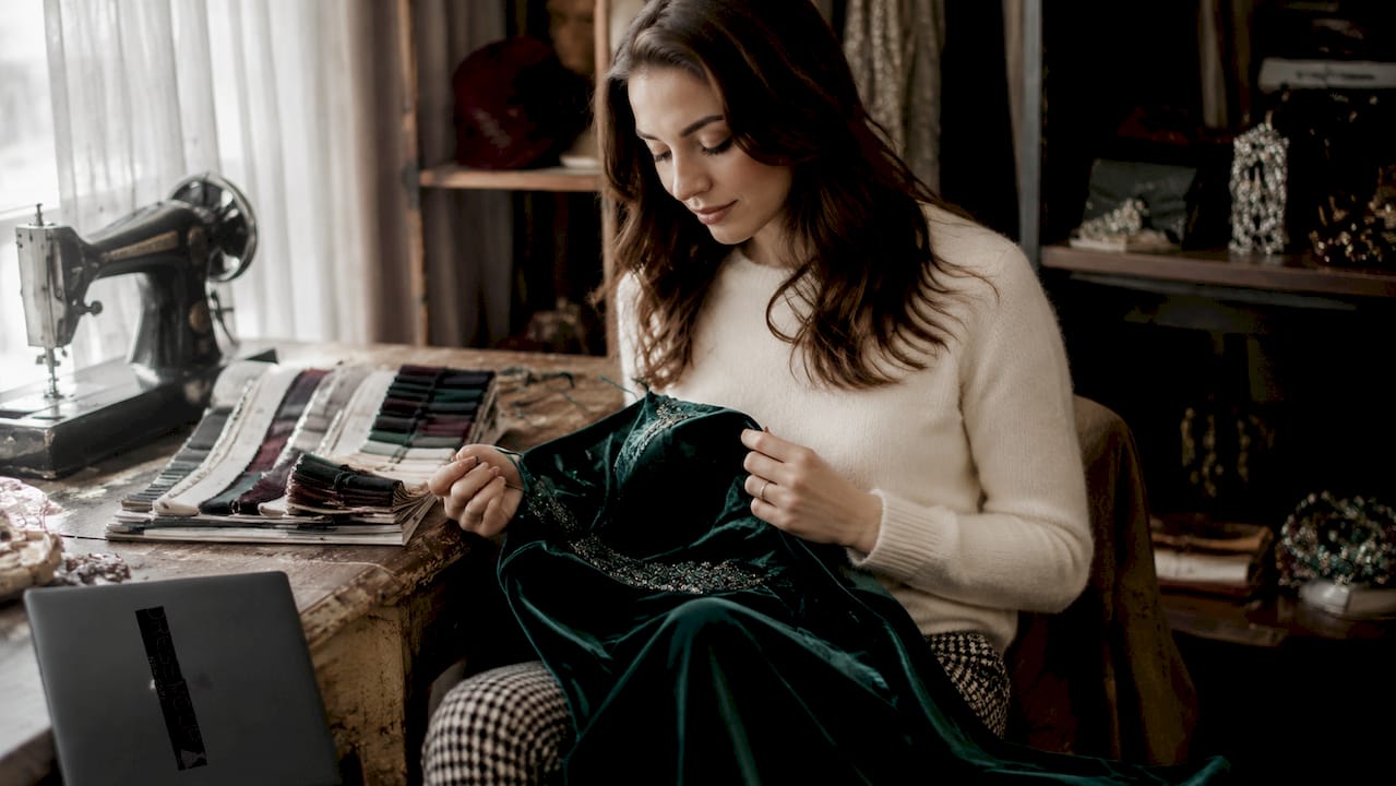 Woman choosing velvet winter wedding dress in boutique