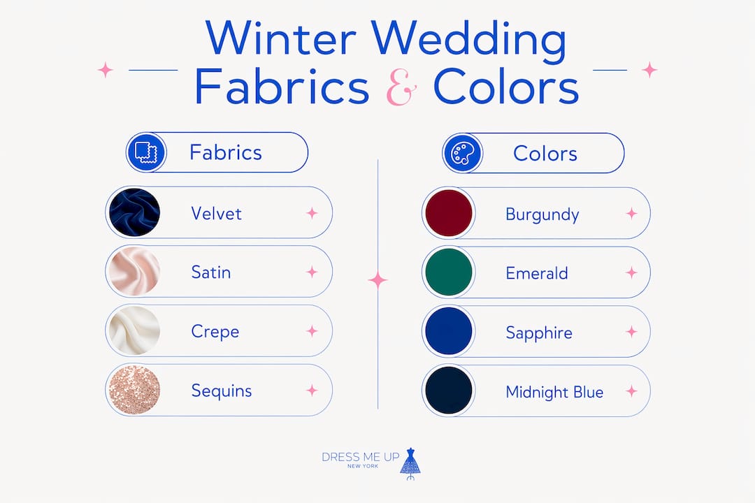 Infographic comparing winter wedding dress fabrics and colors