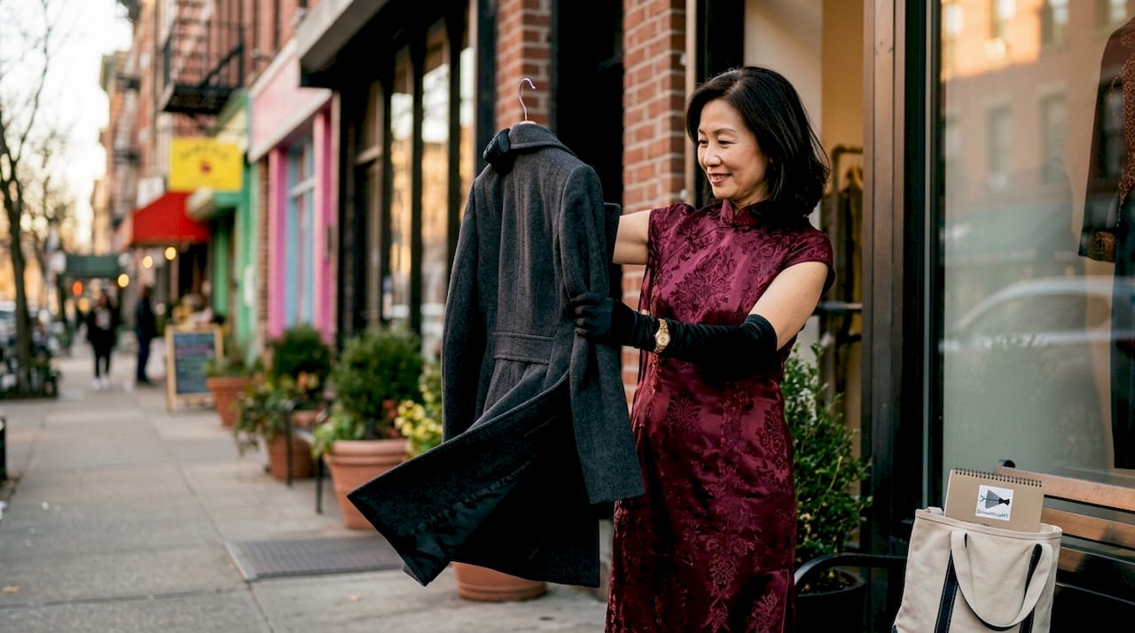 Woman selecting wool coat over satin dress indoors
