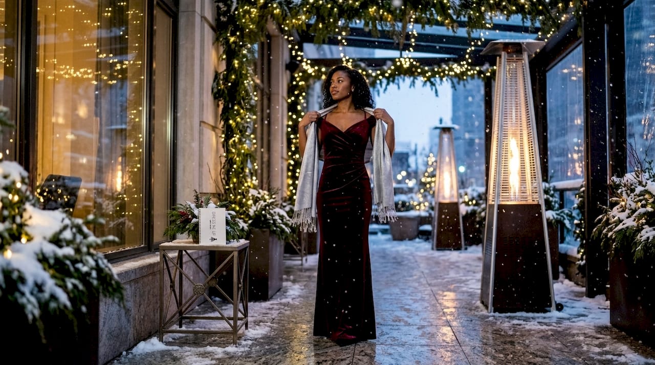 Woman in emerald velvet gown with faux fur stole