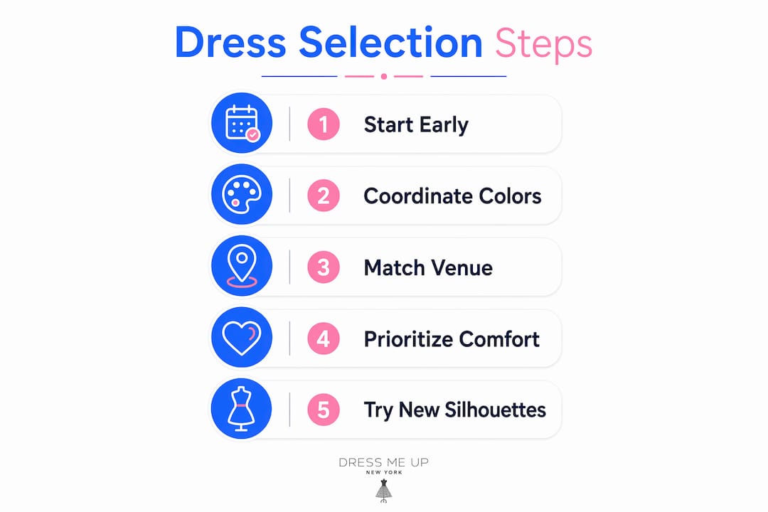 Infographic outlining mother of the bride dress selection steps