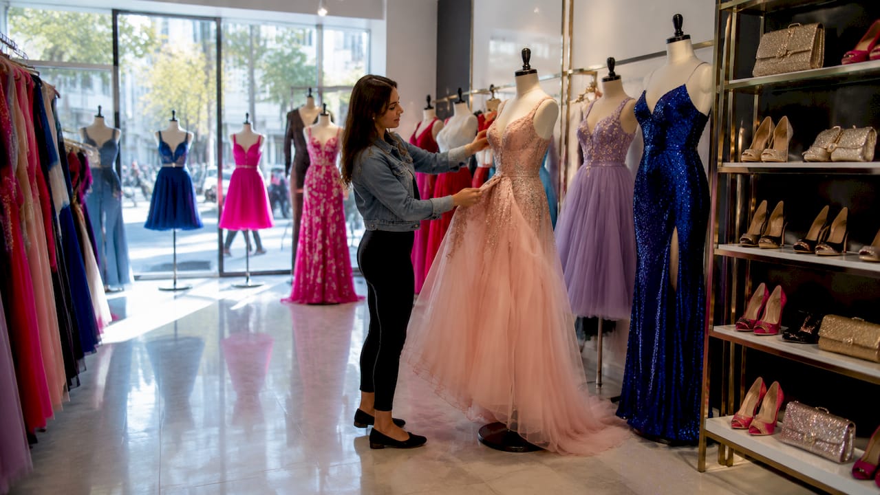 Boutique manager arranging homecoming dresses