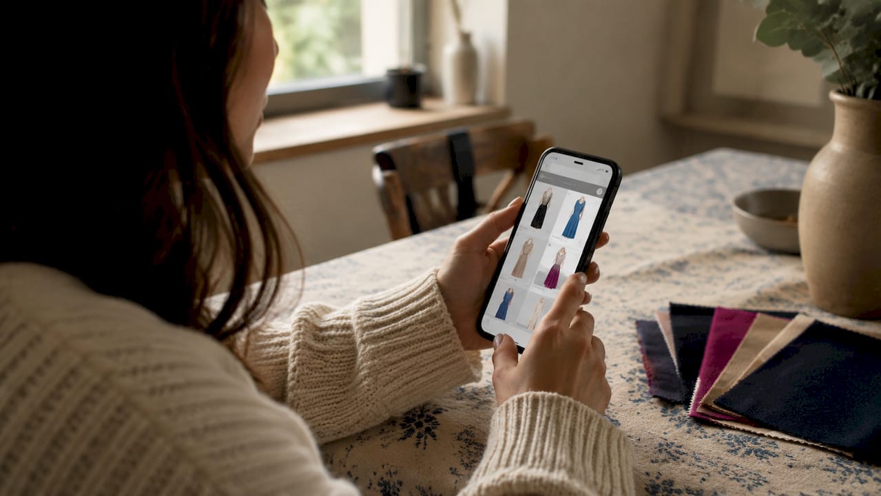 Hands viewing prom dress listing on smartphone