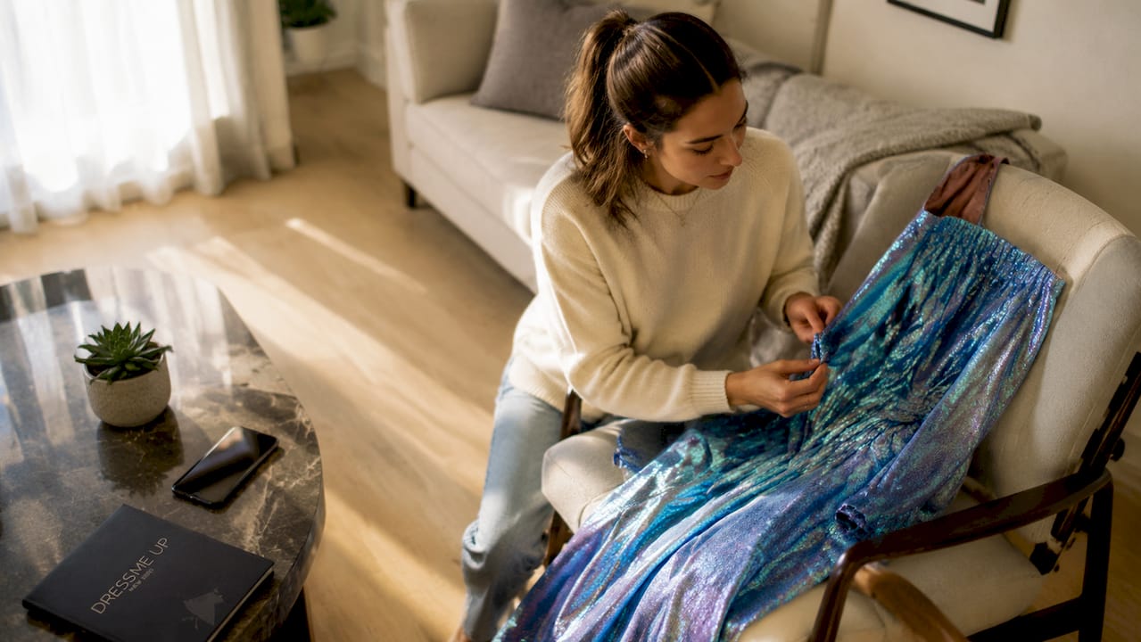 Woman preparing prom dress for sale