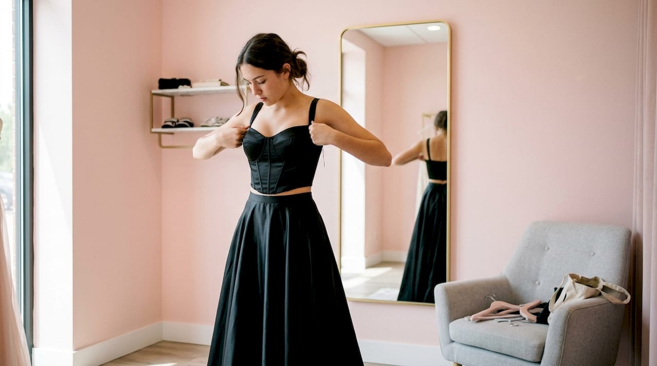 Teen trying on black two piece prom dress in boutique