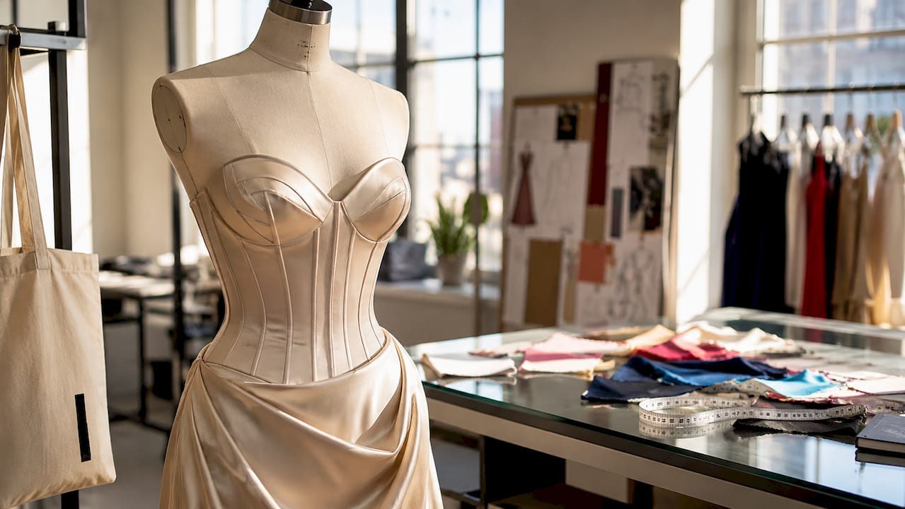 Structured bodice close-up on black tie gown