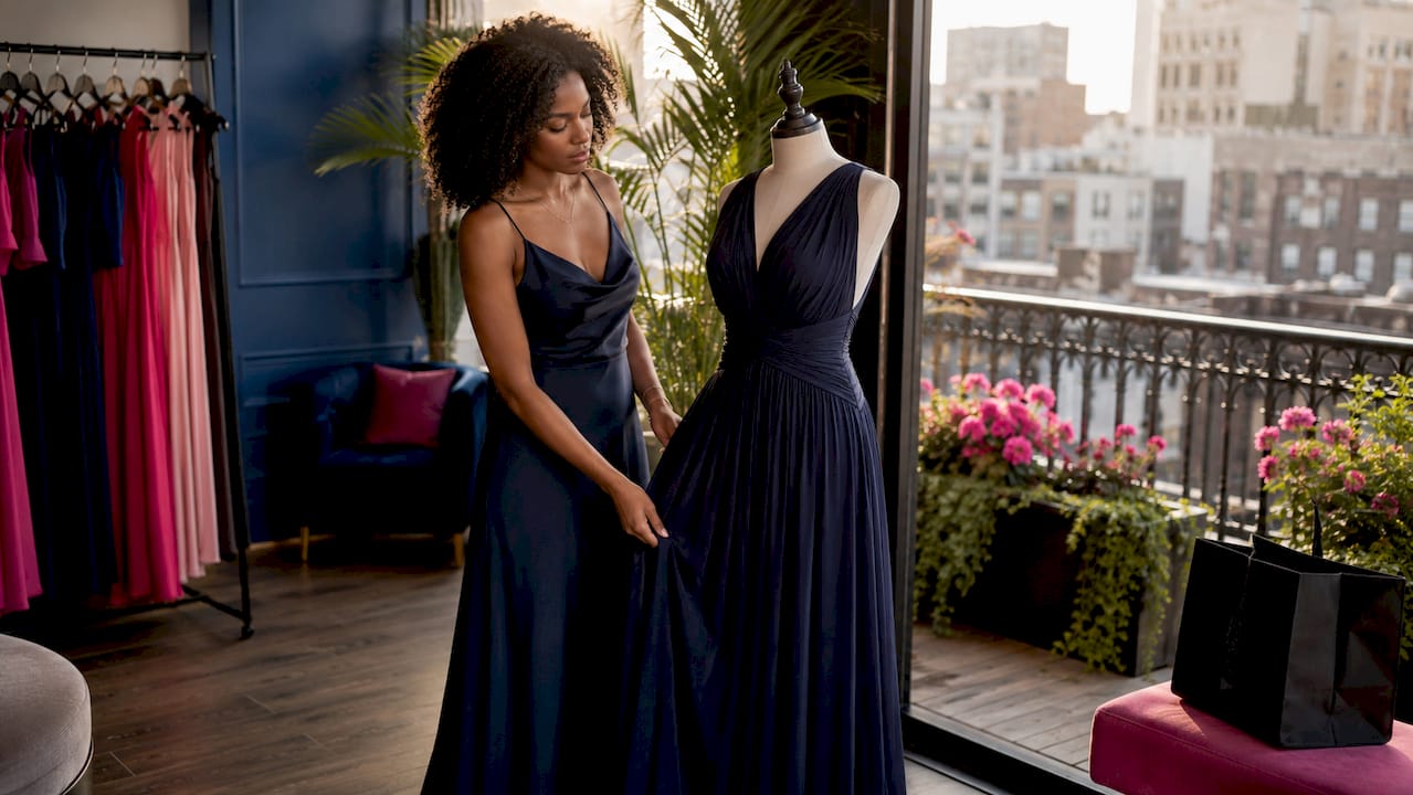 Tall woman admiring formal maxi dress indoors
