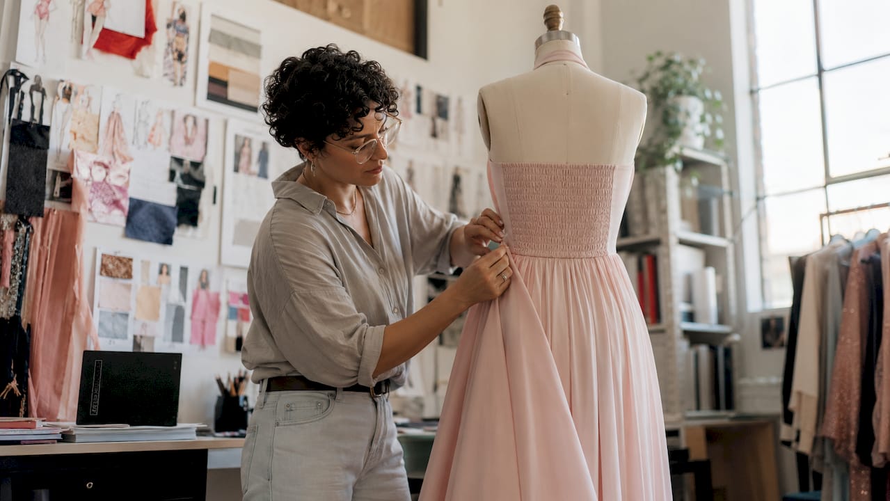 Fashion designer fitting tall maxi dress on mannequin