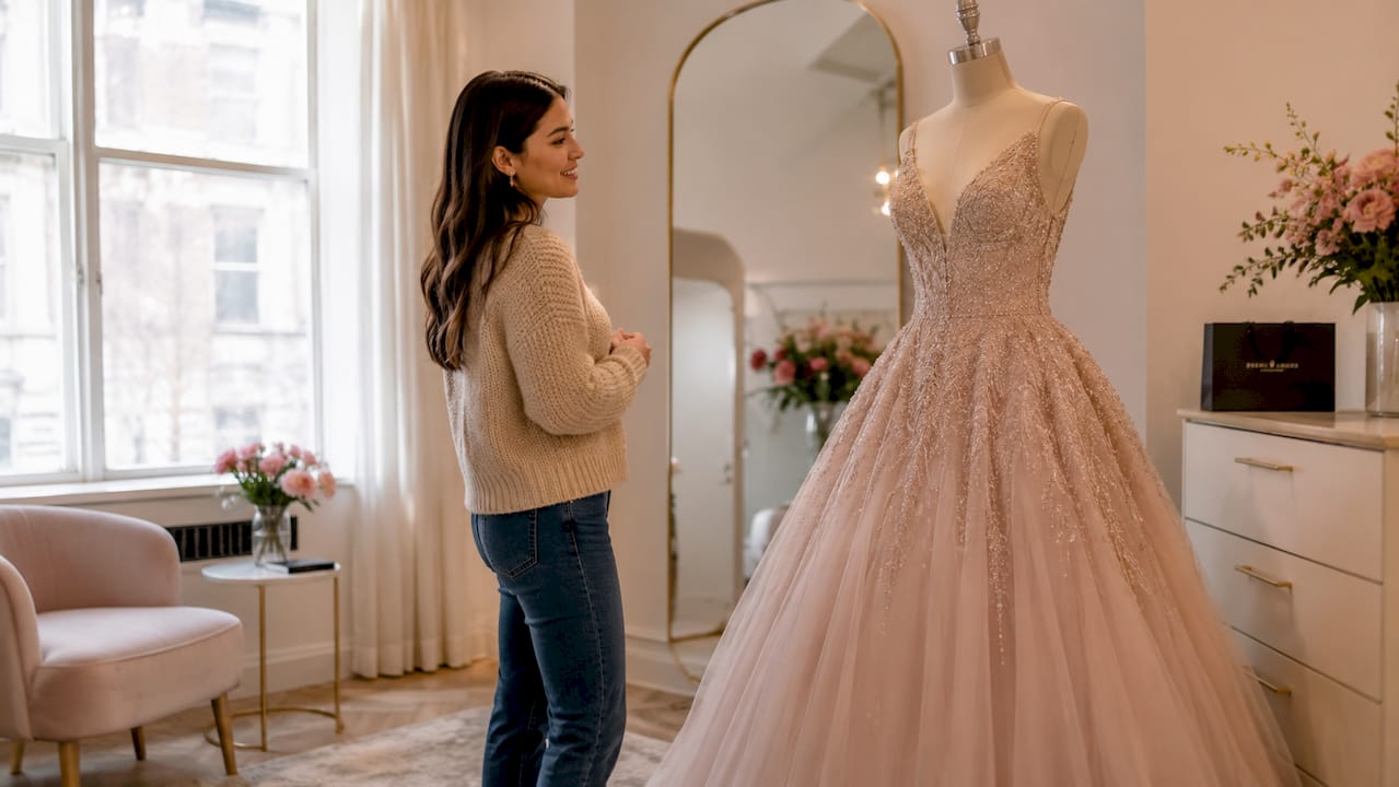 Woman examining ivory ball gown in boutique