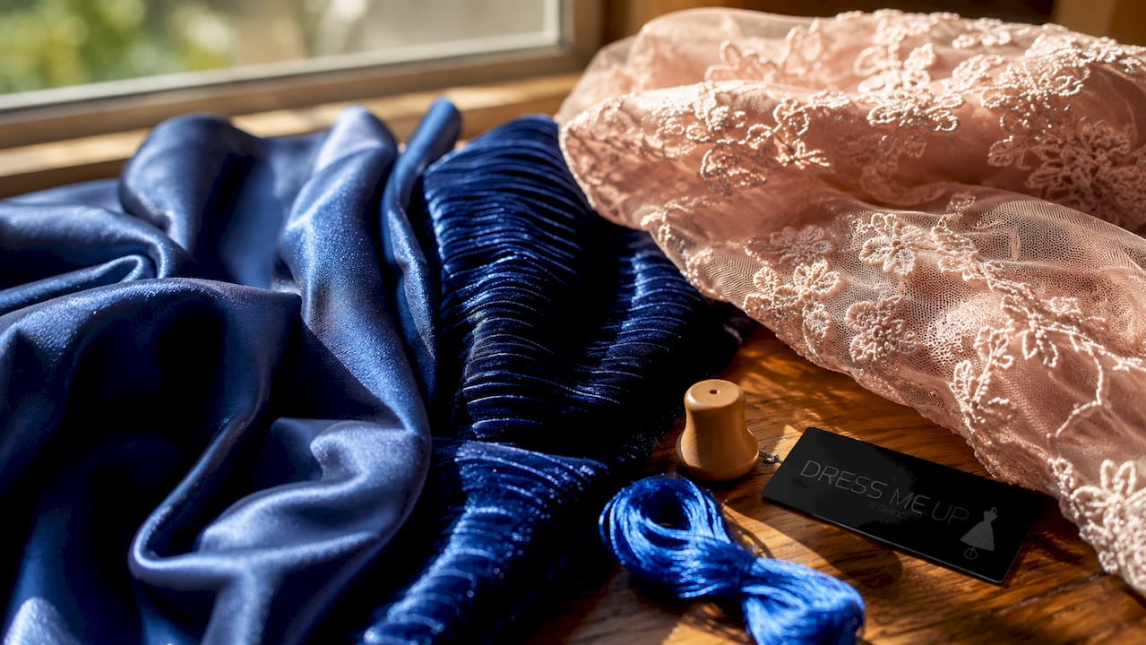 Close-up of silk, mikado, chiffon fabrics for gowns