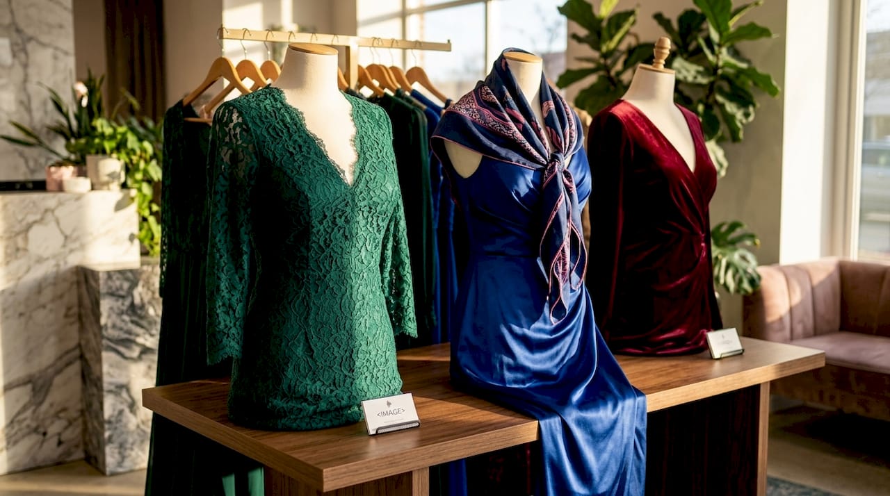Jewel tone fabric textures on winter formal dresses